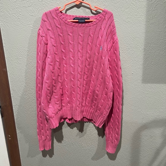 Ralph Lauren Sweaters - Ralph Lauren Vibrant Pink Cable Knit Sweater Sky Blue Pony Vintage Y2K EUC M